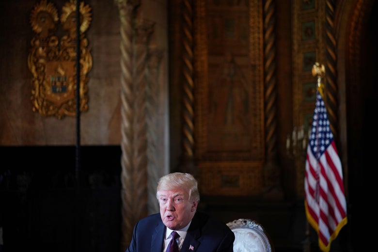President Donald Trump speaks to the press.
